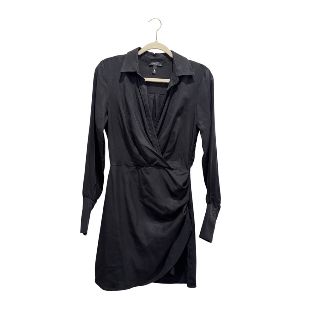 Aqua Collared Faux Wrap Mini Dress Long Sleeves Deep V-neck Ruched Black Size S - Picture 3 of 11